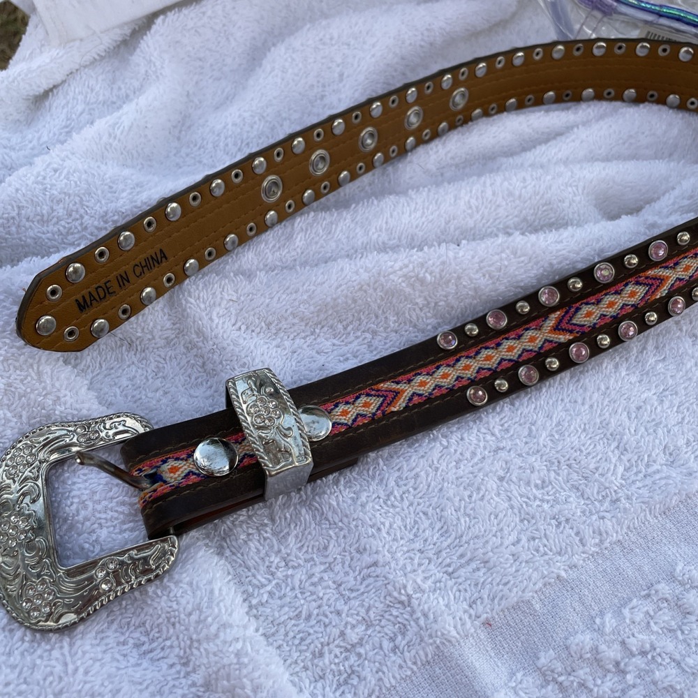 Angel Ranch Western Belt Size 5M Genuine Leather Fabric Inlay Embroidered Childs